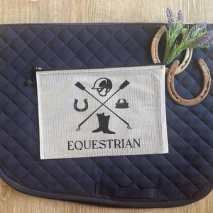 Equestrian-Themed Zipper Pouch featuring custom black icons and equestrian