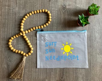 Surf Sun Needlepoint-vinylprojecttas – meshzakje met ritssluiting voor het opbergen en reizen van de borduurnaald