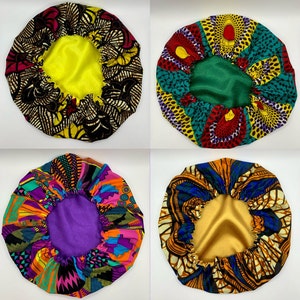 African Ankara Print Bonnets|Satin lined|Elasticated|Sleep Hat Bonnet, Night Cap, Head tie, Headscarf. Protecting Natural Hair From Breakage