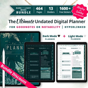 Può includere: Un pacchetto di planner digitali per Goodnotes o Notability, con una modalità scura e una modalità chiara. Il planner include 464 pagine, 13 divisori e oltre 1600 adesivi gratuiti. Il planner è non datato e ipercollegato. La copertina presenta uno sfondo verde scuro con accenti dorati e un design a foglia.