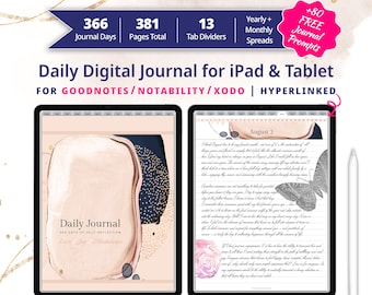 May include: A digital journal for iPad and tablet with a pink and blue abstract design. The journal includes 366 journal days, 381 pages total, 13 tab dividers, yearly and monthly spreads, and 80 free journal prompts. The text "Daily Digital Journal for iPad & Tablet" and "FOR GOODNOTES/NOTABILITY/XODO | HYPERLINKED" is displayed on the cover.