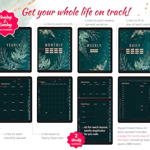 Four iPads showing hyperlinked all in one digital planner with yearly planner, monthly planner, weekly planner and daily planner spreads.