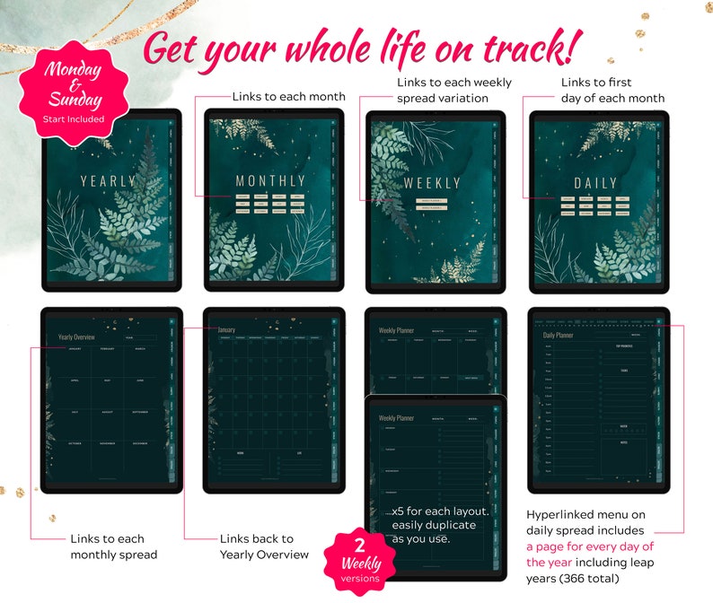 Four iPads showing hyperlinked all in one digital planner with yearly planner, monthly planner, weekly planner and daily planner spreads.