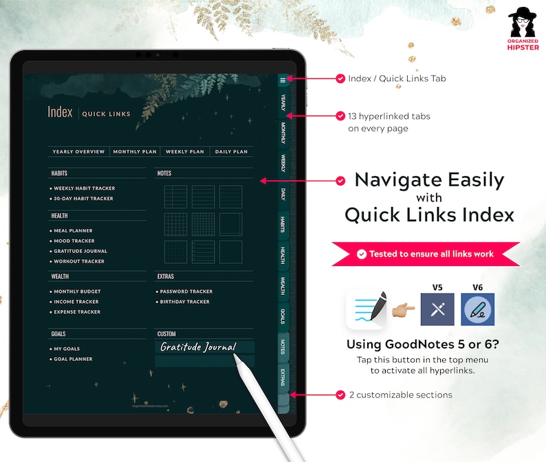 Quick links index page for easy navigation. 464 stunning pages. 13 Hyperlinked tabs on every page. 2 customizable sections.