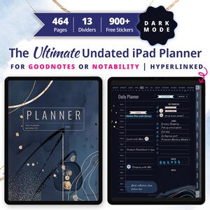Puede incluir: Un planificador digital azul oscuro con detalles dorados y el texto "PLANNER" en la portada. El planificador está diseñado para usarse con las aplicaciones Goodnotes o Notability. Incluye 464 páginas, 13 divisores y más de 900 pegatinas gratis.