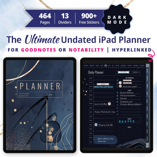 Undated Digital Planner for Men Dark Mode, GoodNotes & Notability, Blue + Gold