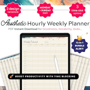Op de afbeelding: Een digitale weekplanner met een beige achtergrond en een rasterindeling. De planner is ontworpen voor gebruik met notitie-apps zoals Goodnotes, Notability en Xodo. De planner bevat een wekelijks schema, tijdsloten en een sectie voor dagelijkse focus. De afbeelding toont ook een stapel van 12 planners, wat duidt op een bundelaanbieding. De tekst "BOOST PRODUCTIVITY WITH TIME BLOCKING" wordt onderaan de planner weergegeven.