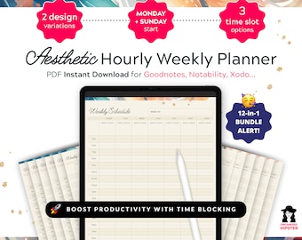 Hourly Weekly Planner, Time Blocking, Goodnotes, Notability, Xodo (Digital Download)
