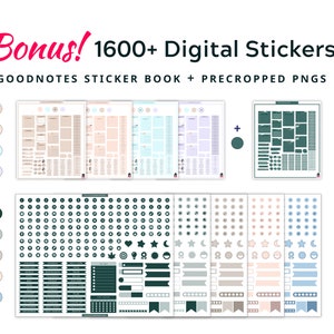 Bonus 1600+ Digital Stickers included, goodnotes sticker book and precropped png files in pastel colours and boho colours.