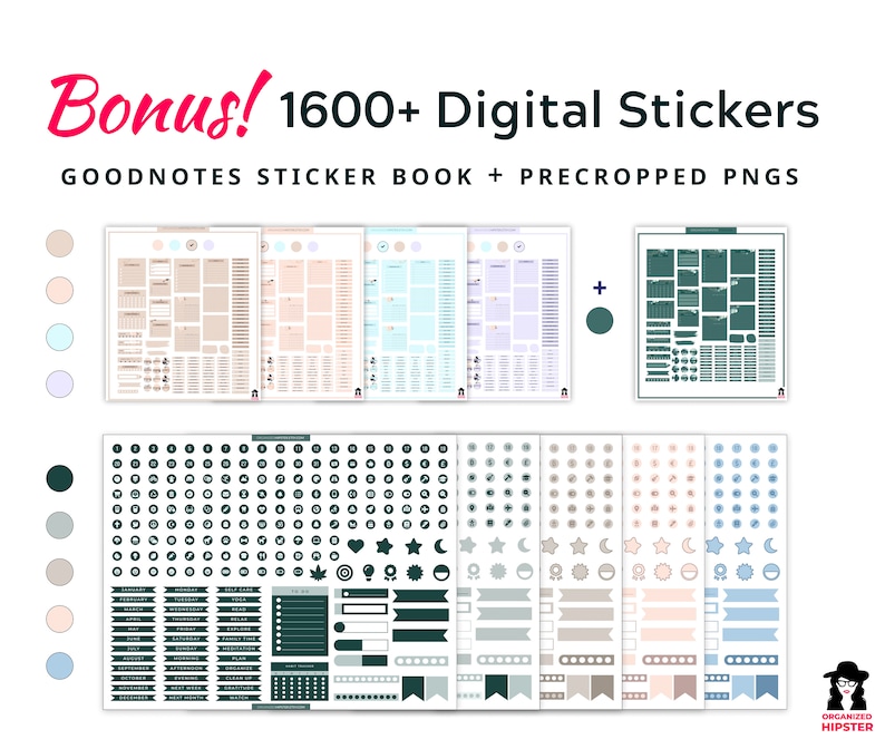 Bonus 1600+ Digital Stickers included, goodnotes sticker book and precropped png files in pastel colours and boho colours.