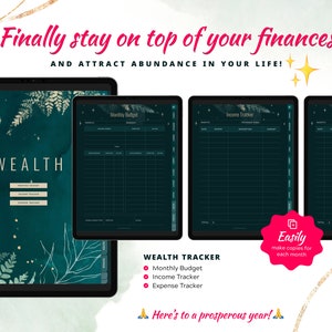 Wealth section includes Monthly Budget, Income Tracker and Expense Tracker. These Digital Finance Trackers will help you manifest wealth and attract abundance in your life.