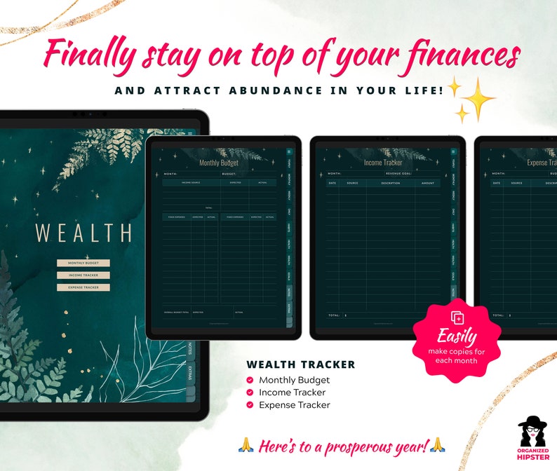 Wealth section includes Monthly Budget, Income Tracker and Expense Tracker. These Digital Finance Trackers will help you manifest wealth and attract abundance in your life.