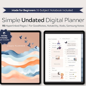 Pode incluir: Um planejador digital com um fundo de aquarela de ondas azuis, laranja e brancas. O planejador está aberto em uma página de planejador diário com o texto "Tire um momento e apenas respire". O planejador foi projetado para uso com aplicativos de anotações digitais como GoodNotes, Notability, Xodo e Samsung Notes.