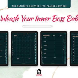 Unleash your inner boss babe with this ultimate undated ipad planner bundle, an all in one digital planner that includes extra self-improvement templates to level up your life. All in one hyperlinked ipad planner.