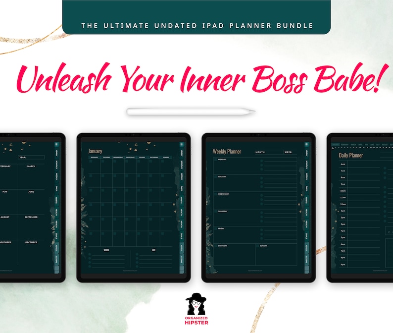 Unleash your inner boss babe with this ultimate undated ipad planner bundle, an all in one digital planner that includes extra self-improvement templates to level up your life. All in one hyperlinked ipad planner.