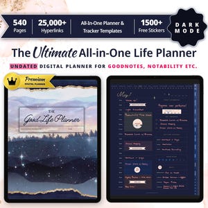 UNDATED All in One Digital Planner | DARK MODE iPad Planner - GoodNotes, Notability | Self Care, Habit & Budget Tracker | 6 Subject Notebook