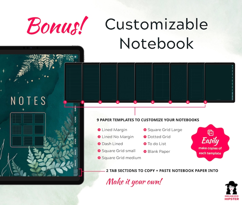 Bonus customizable notebook with 9 notepaper templates to create your own digital notebook. Easily make copies of each notebook template. Add these PDF notebook templates to the two custom notebook sections.