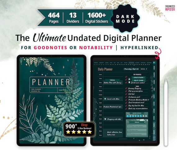 Undated Digital Planner Dark Mode, All in One iPad Planner, GoodNotes & Notability, Forest Green