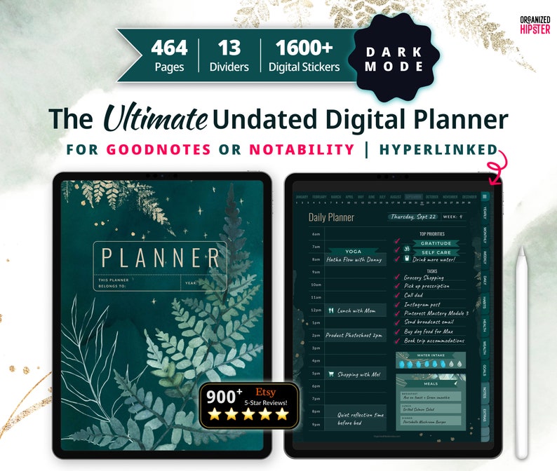 Two iPads showing an Undated iPad Planner Bundle for GoodNotes or Notability in DARK MODE . This is an All in One Digital Planner, Hyperlinked Ultimate iPad Planner which includes 1600+ digital stickers. iPad daily planner displayed.