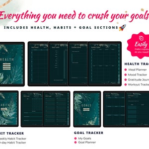 Habits section includes weekly habit tracker and 30-day habit tracker; Health section includes Meal planner, mood tracker, gratitude journal and workout tracker; wealth section includes monthly budget, income tracker and expense tracker; Goal planner