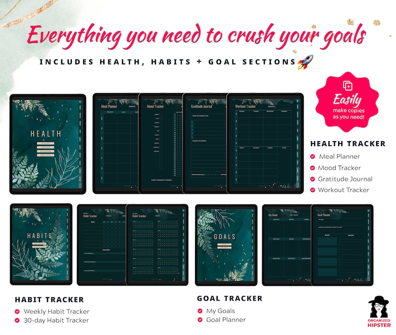 Habits section includes weekly habit tracker and 30-day habit tracker; Health section includes Meal planner, mood tracker, gratitude journal and workout tracker; wealth section includes monthly budget, income tracker and expense tracker; Goal planner