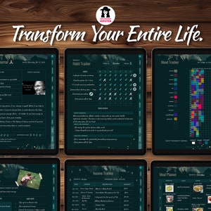 Track and improve every aspect of your life, image of gratitude journal, weekly habit tracker, mood tracker, goal planner, income tracker, meal planner.