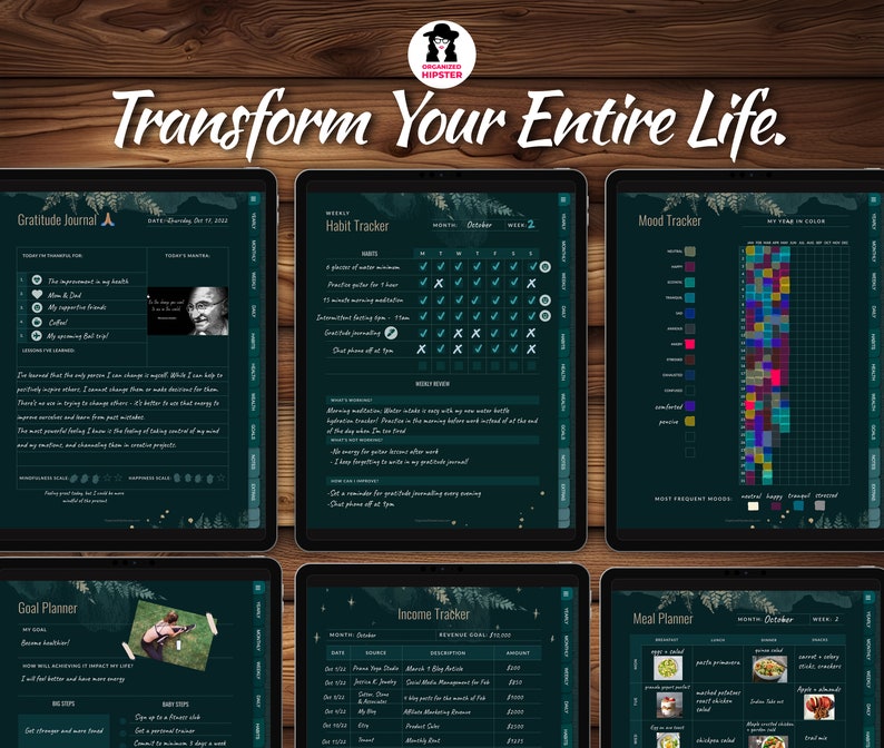 Track and improve every aspect of your life, image of gratitude journal, weekly habit tracker, mood tracker, goal planner, income tracker, meal planner.
