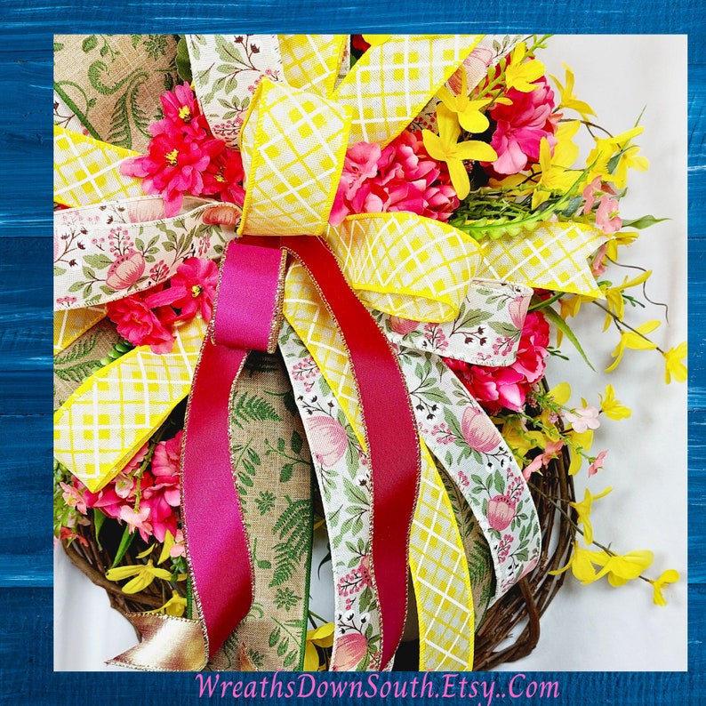 Springtime Blossoms and Blooms Silk Flowers Floral Grapevine Wreath, Wall Art Floral Display