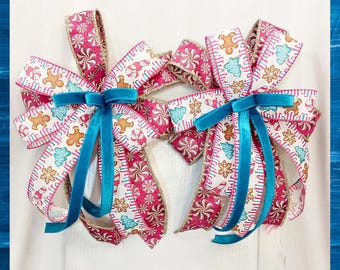 Pair of Handmade Pastel Christmas Holiday Bows, Pink Christmas Ribbon Matching Bows, Decorative Bows, Gingerbread Christmas, Candyland Decor