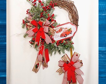 Classic Farmhouse Red Truck Merry Christmas Wreath With Matching Decorative Christmas Bow, Holiday Decorations, Rustic Red Truck Christmas