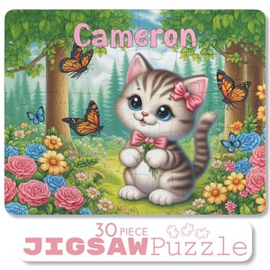Child's Cat Jigsaw Puzzle, Kitten & Butterfly Jigsaw Puzzle For Toddler, Kids Custom Name Puzzle, Custom Child Puzzle, First Jigsaw Puzzle