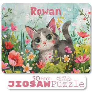 Child's Cat Jigsaw Puzzle, Cute Grey Kitten Jigsaw Puzzle For Toddler, Kids Custom Name Puzzle, Custom Child Puzzle, First Jigsaw Puzzle