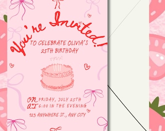 Pink Bow Birthday Invitation, Girl Pink Birthday Invitation, Bow Invitation, Girl Coquette Invite Editable Canva