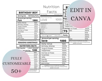 Vertical Nutrition Facts | Party Favor Template Canva Editable | DIY Chips Candy Bags
