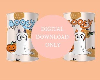 May include: Printable digital file for a Booey Halloween Pringles can label. The label features a ghost with cat ears, a pumpkin, and the text "Booey".