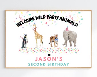 Editable Zoo Safari Welcome Jungle Sign, Party Animals Sign, Birthday Animals Boy Template, and Zoo Safari Welcome Sign