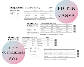 Horizontal Nutrition Facts | Party Favor Template Canva Editable | DIY Chips Candy Bags