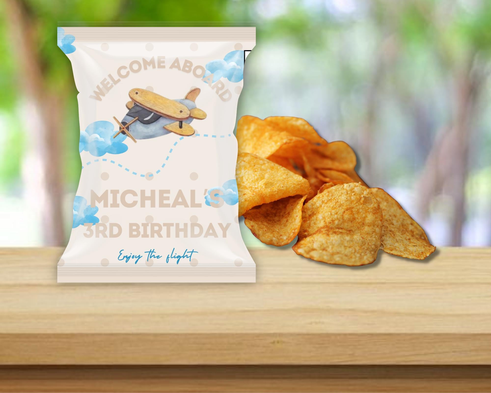 Editable Airplane Boy Chip Bag Label Blue Clouds Travel Birthday