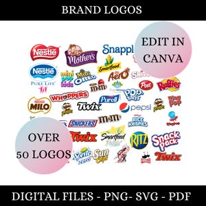 Puede incluir: Una colección de más de 50 logotipos de marcas, incluyendo Nestle, Oreo, Twix, M&Ms, y más. Los logotipos están dispuestos en un collage colorido sobre un fondo blanco. El texto "EDIT IN CANVA" se muestra en un círculo rosa y blanco en la parte superior de la imagen. El texto "OVER 50 LOGOS" se muestra en un círculo rosa y blanco en la parte inferior de la imagen. El texto "DIGITAL FILES - PNG - SVG - PDF" se muestra en la parte inferior de la imagen.