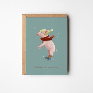 Postkarte Weihnachten/ Schwein Schlittschuhe, A6