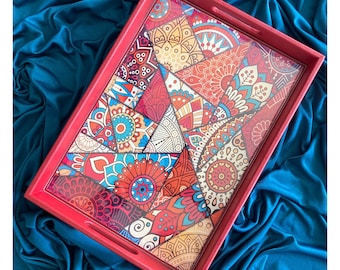 Hand Painted Wooden Tray, Decorative Wooden Tray, Gift for Women, Housewarming Gift, Wooden Serving Tray, Wooden Tray Pastel