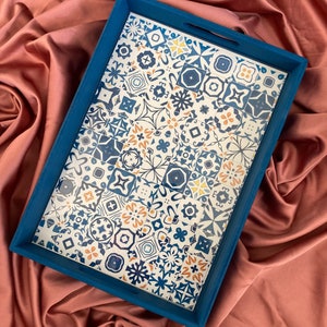 Hand Painted Blue Wooden Tray, Decorative Wooden Tray, Gift for Women, Blue Wooden Tray, Housewarming Gift, Ethnic Pattern Wooden Tray