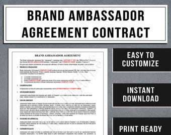 Brand Ambassador Agreement Template | Social Media Influencer Ambassador Contract | Instant Download