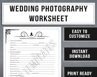 WEDDING PHOTOGRAPHY WORKSHEET Template | Photoshoot Photographer Questionnaire | Instant Download