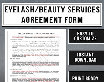 Eyelash/Beauty Services Agreement Form Template | Estheticians, Lash Tech, Lash Waiver Printable Form | Instant Download
