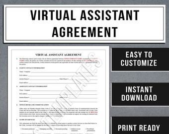 Virtual Assistant Agreement | Remote Administrative Services Contract Form | Instant Download