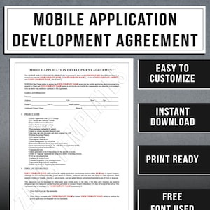 Peut inclure: Document intitulé "ACCORD DE DÉVELOPPEMENT D'APPLICATION MOBILE" en noir et blanc. Il comprend des sections pour les informations client et la portée du projet. Icônes des types de fichiers Word et PDF.