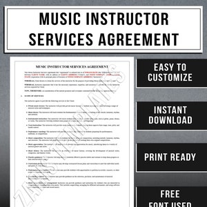 Music Instructor Services Agreement Template | Music Tutoring Contract Form | Instant Download