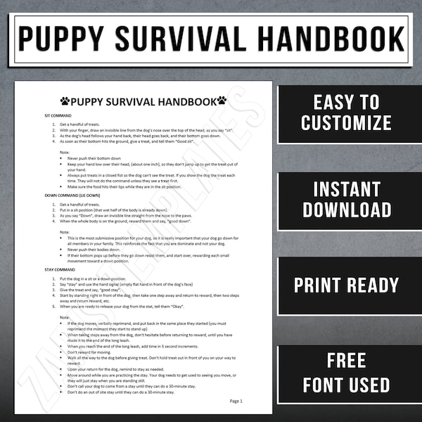 Dog Training Handbook Template | Client Handout After Training | PUPPY SURVIVAL HANDBOOK | Instant Download