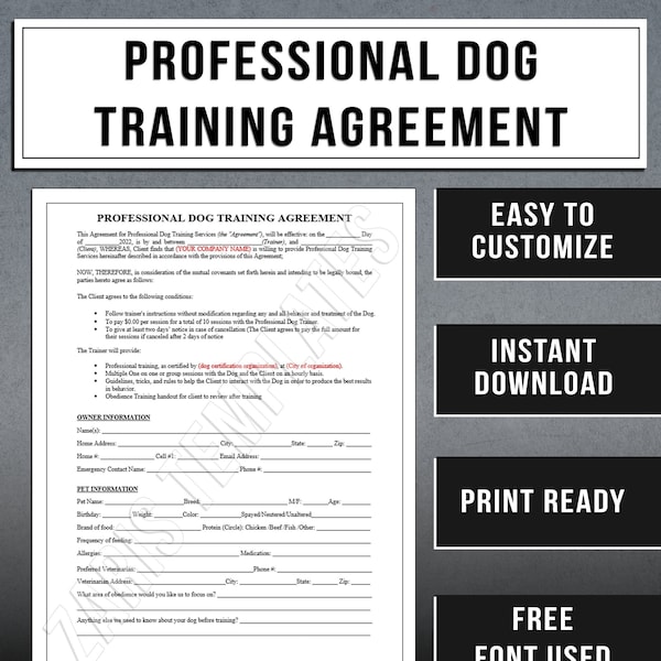 Professional Dog Training Agreement Template | Dog Trainer Printable Contract | Instant Download